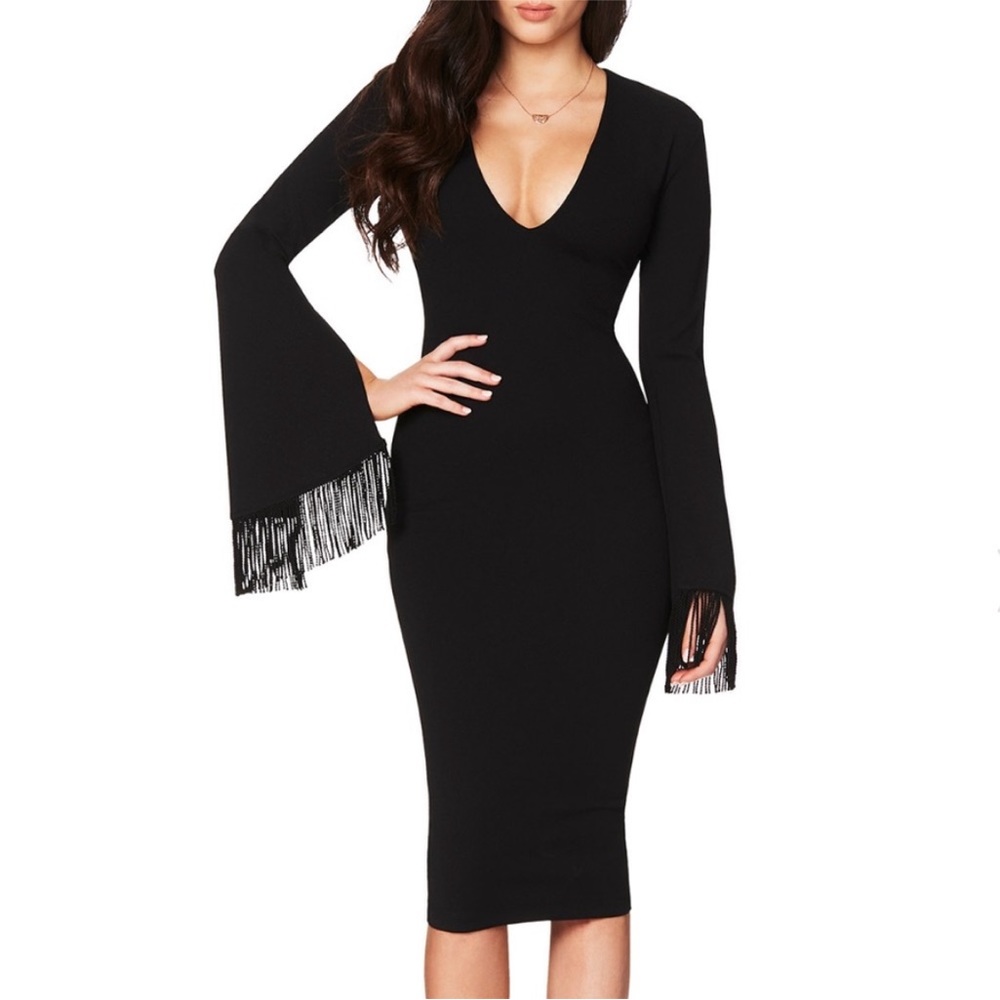 NWT Nookie Iris Black Long Sleeve Fringe V-Neck Midi Dress, size XS